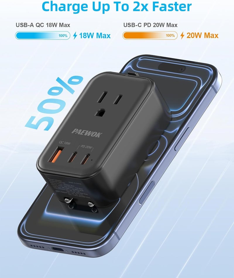 PAEWOK محول سفر USB C، محول سفر أوروبي مع 1 مخرج AC وشحن سريع USB (PD 20W)، محول عالمي قابل للطي من نوع C/G/A/I، أسود - Image 5